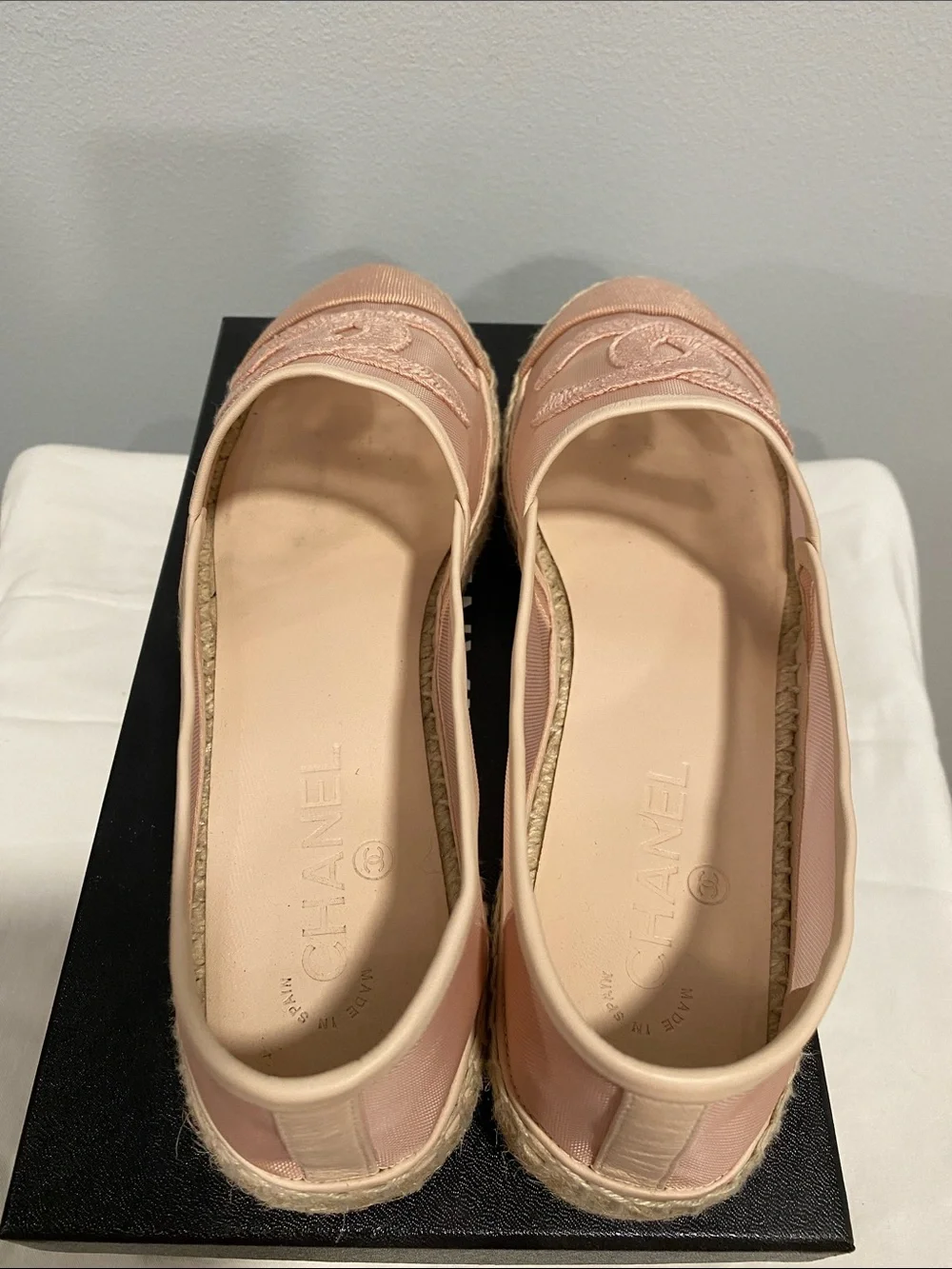 CHANEL Blush Pink Espadrille Slip-Ons with Signature CC